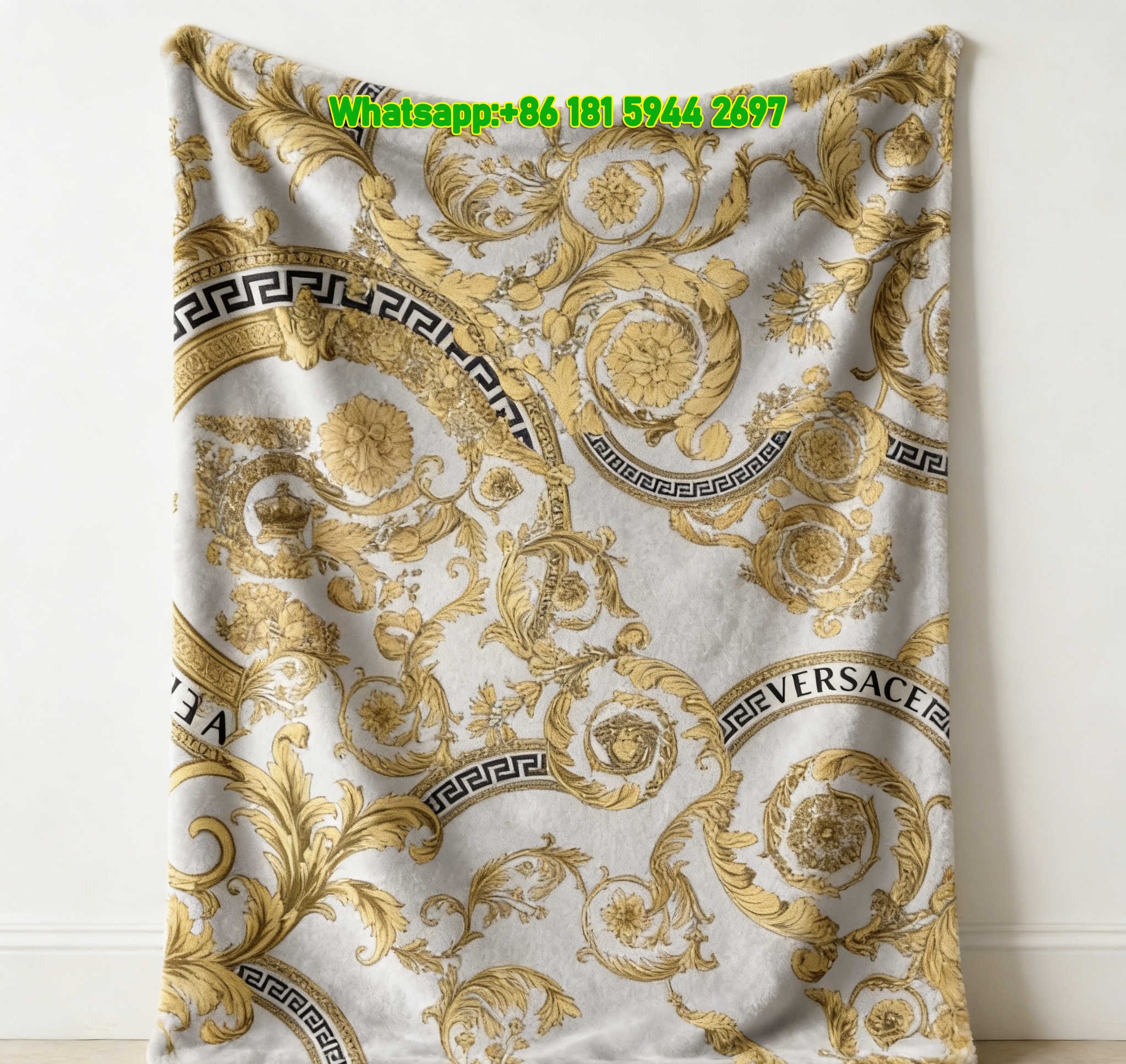Versace White and Gold Baroque Pattern Flannel Throw Blanket IMG_1494